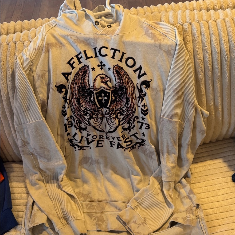 Affliction Cream Hoodie with Eagle Graphic